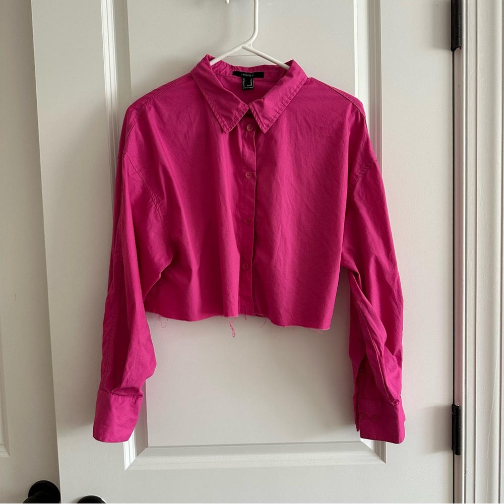Forever21 100% Cotton Hot Pink Cropped Button Down Shirt Size Medium